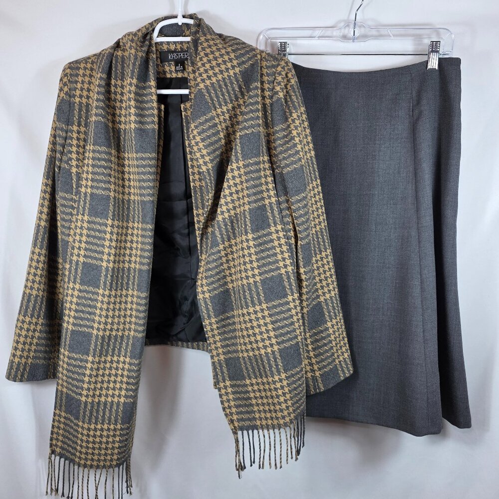 Vintage Kasper Wool Blend Skirt Suit Size 8 Gray & Yellow Plaid Jacket Gray Skir - Picture 1 of 15
